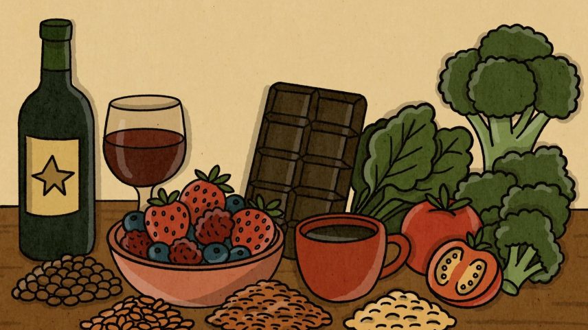 Alimentos como frutas vermelhas, leguminosas, verduras, cacau, café e vinho são ricos em polifenóis, que ajudam no envelhecimento saudável (Foto: Catarina Pignato - 25.abr.25/Folhapress)