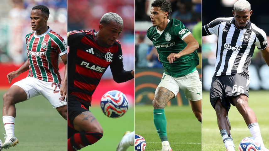 Arias, Wesley, Richard Ríos e Cuiabano são jogadores que atraem interesse da Europa após Mundial (Foto: Marcelo Gonçalves/Fluminense; Gilvan de Souza/Flamengo; Cesar Greco/Palmeiras; Vitor Silva/Botafogo)