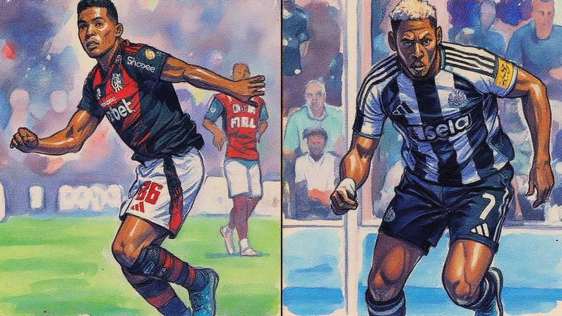 Alex Sandro, no Flamengo e Joelinton no Newcastle — Foto: Mauro PIMENTEL / AFP e ANDY BUCHANAN / AFP