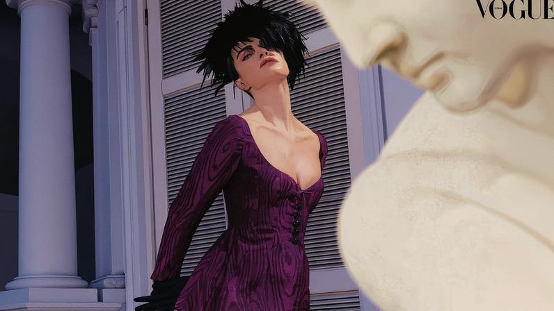 Barbara Fialho veste blazer e saia de gazar de seda, desfilados em 1990 por CONRADO SEGRETO no Museu do Ipiranga. As peças fazem parte do acervo do estilista pertencente à sua irmã, Rita Segreto — Foto: Vogue Brasil/ Luiza Ananias