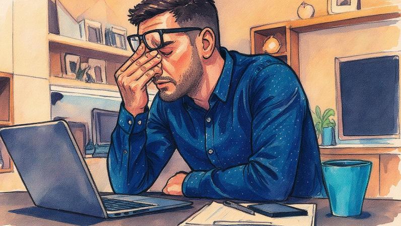 Jovem empresário cansado trabalhando em casa, usando laptop e parecendo ansioso (Foto: filadendron/Getty Images)