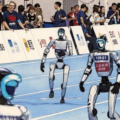 Robôs competem em desafios esportivos em evento futurista em Pequim