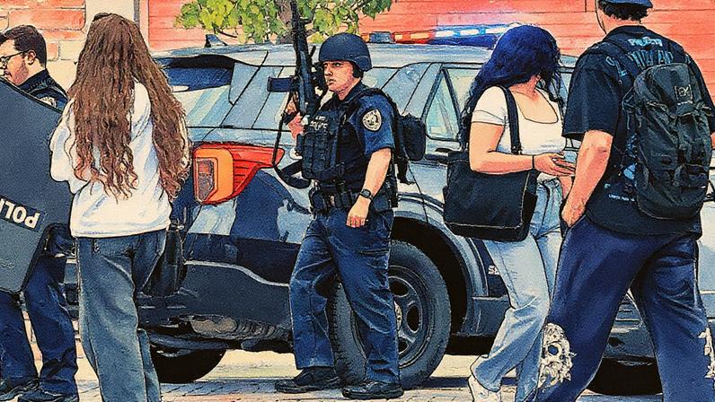 Oficiais armados vistos do lado de fora de uma biblioteca na Universidade do Colorado Boulder na segunda-feira (Foto: Getty Images)