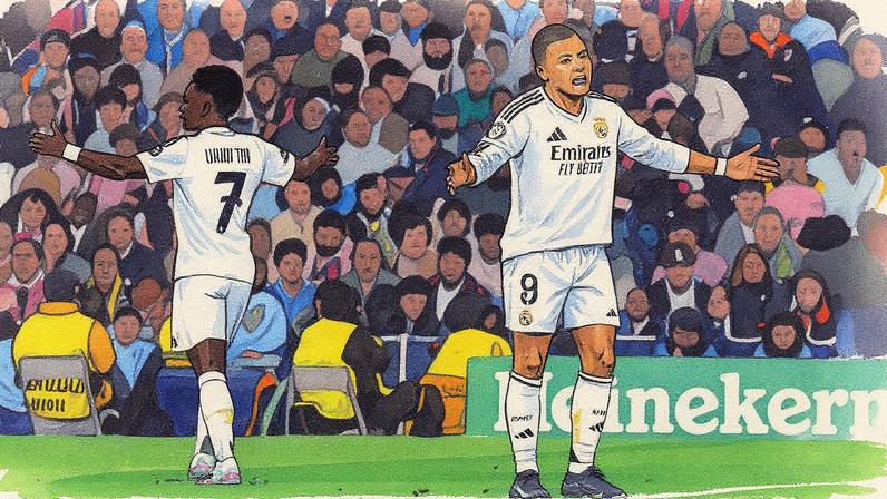 Vinicius e Mbappé, contra o Arsenal no Bernabéu. (Foto: Angel Martinez/Getty Images)