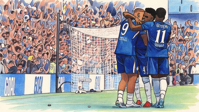 Jogadores do Chelsea celebram gol em amistoso contra o Milan durante a curta pré-temporada do time inglês (Foto: Henry Nicholls - 10.ago.25/AFP)