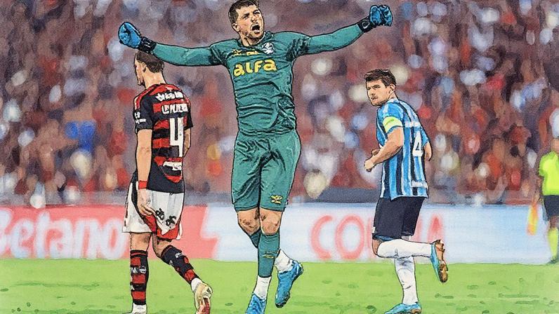 Goleiro Tiago Volpi, do Grêmio, marca gol contra o Flamengo no Maracanã (Foto: Reprodução)