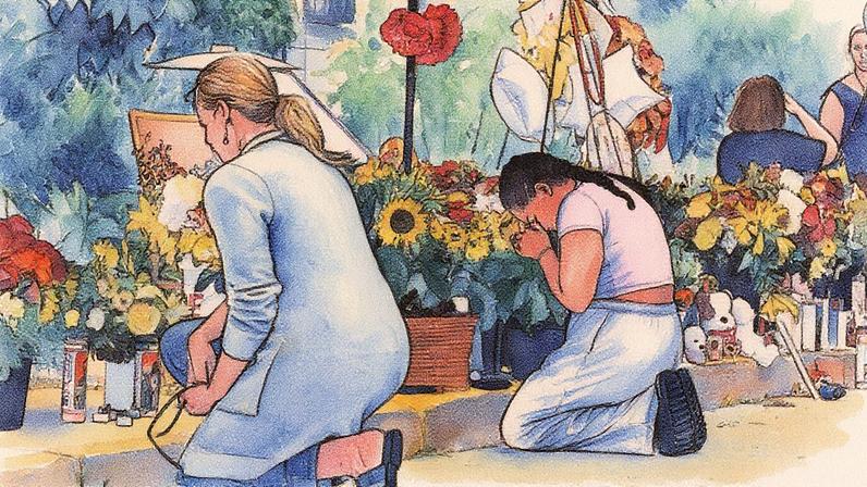 Pessoas rezam em um memorial na Igreja Católica da Anunciação após um tiroteio em escola, em Minneapolis (Foto: Reprodução)