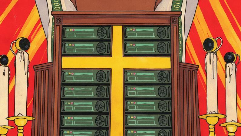 Um sacerdote no púlpito feito de racks de servidores com uma cruz cristã. (Foto: Michael Byers)