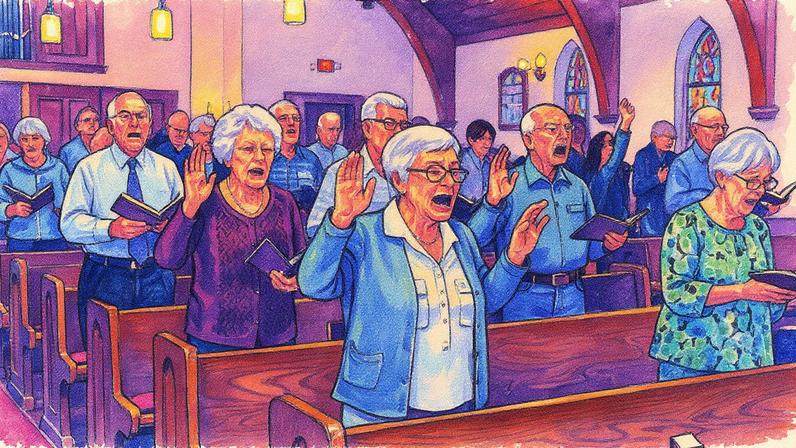 Idosos participam de um culto em uma igreja, evidenciando a necessidade de adaptação das instituições religiosas à nova terceira idade (Foto: Reprodução)