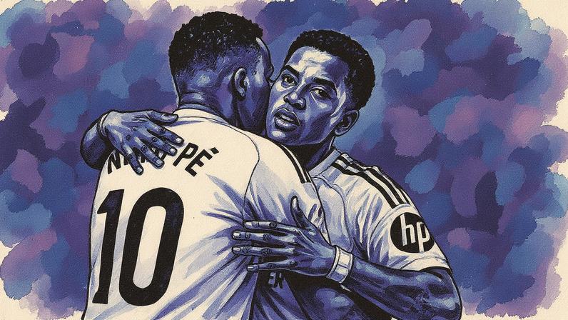 Kylian Mbappé e Rodrygo celebram o 0-1 do Real Madrid em Oviedo. (Foto: Denis Doyle/Getty Images)