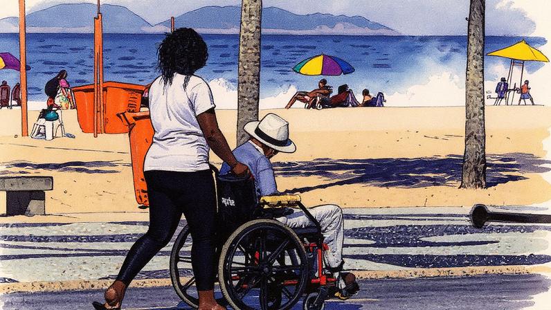 Idoso com cuidadora em Copacabana (Foto: Gabriel de Paiva/Agência O Globo)