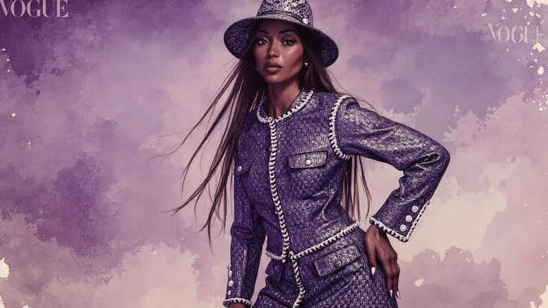 Naomi Campbell usa saia, casaqueto e chapéu, tudo CHANEL (Foto: Vogue Brasil/ MAR+VIN)