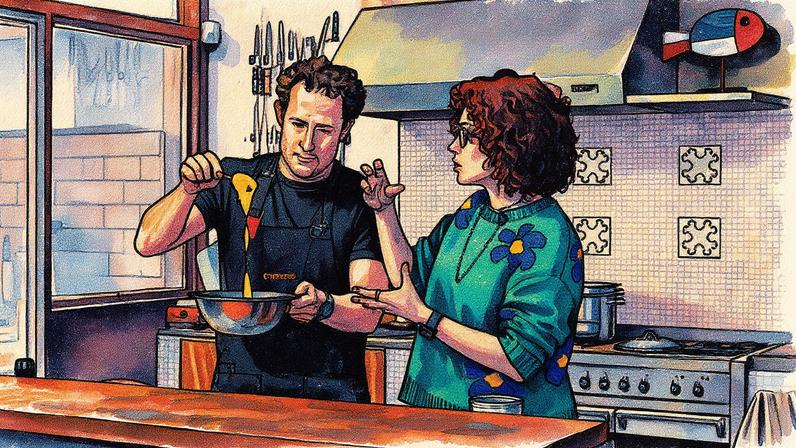 Cena da gravação da série "Eu cozinho, Tu cozinhas", com Teté Ribeiro, na cozinha do historiador João Ferraz (Foto: Pedro Affonso/Folhapress)