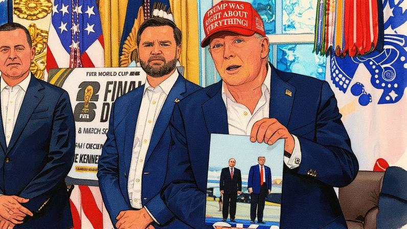 O presidente dos EUA, Donald Trump (direita), segura uma fotografia que ele disse ter recebido como presente do presidente russo Vladimir Putin, visto no Salão Oval da Casa Branca em Washington em 22 de agosto. (Foto: Chip Somodevilla/Getty Images)