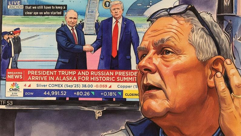 Um trader observa enquanto o presidente dos EUA, Donald Trump, cumprimenta o presidente russo, Vladimir Putin, durante a reunião para negociar o fim da guerra na Ucrânia, na Joint Base Elmendorf-Richardson em Anchorage, Alasca, no pregão da Bolsa de Valores de Nova York, na cidade de Nova York, EUA, em 15 de agosto de 2025. (Foto: Brendan Mcdermid | Reuters)
