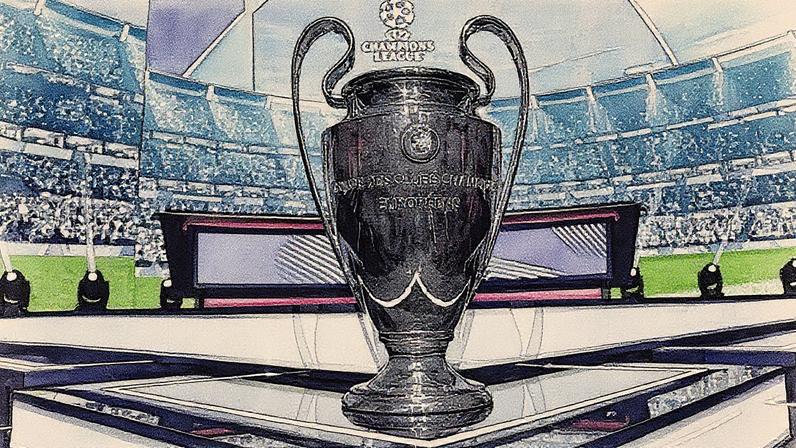O troféu da Champions League antes do sorteio da fase de liga de 2025/26 (Foto: EFE/EPA/MOHAMMED BADRA)