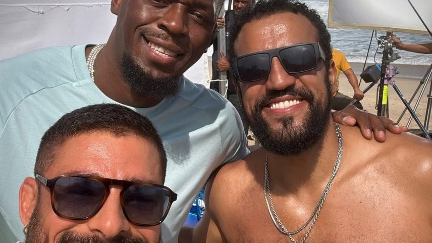 Usain Bolt posa ao lado dos atores Cauã Reymond e Ricardo Teodoro (Foto: Reprodução / Instagram)