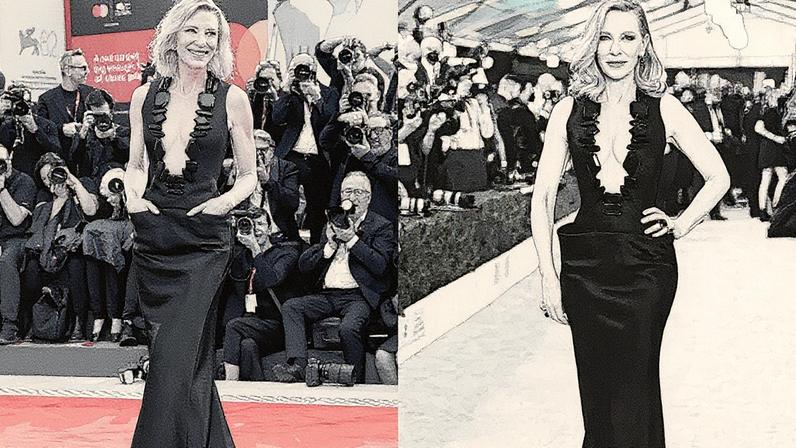 Cate Blanchett com o mesmo look Armani Privé para o Festival de Cinema de Veneza 2025 e para o SAG Awards 2022 (Foto: Getty Images)