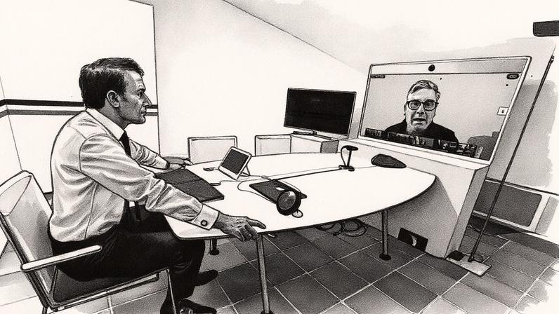 O presidente francês Emmanuel Macron conversa com o primeiro-ministro britânico Keir Starmer (na tela) durante uma reunião por vídeo da chamada coalizão dos dispostos para discutir os próximos passos para a Ucrânia no Fort de Bregançon em Bormes-les-Mimosas, no sul da França, em 19 de agosto. (Foto: Christophe Simon/AFP via Getty Images)