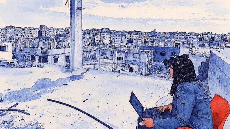 Manar enviou uma de suas aplicações em cima de um prédio danificado em Rafah, no sul da Gaza, em fevereiro de 2025 - Foto: Handout