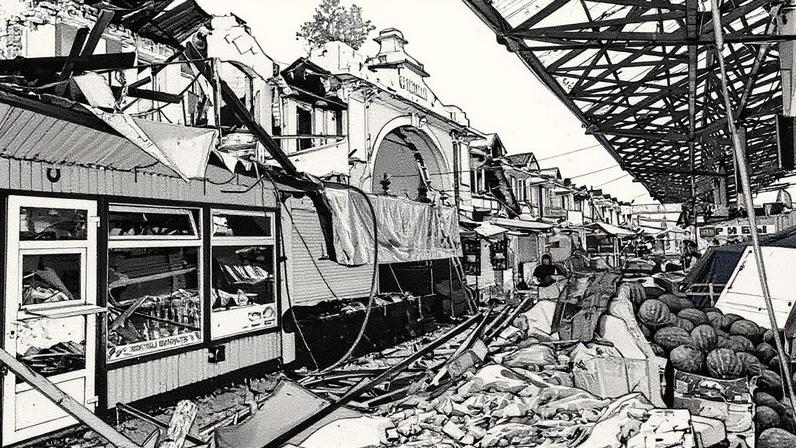 Os restos do mercado Privoz após um ataque de drone em Odessa em 24 de julho de 2025, em meio à invasão russa na Ucrânia. (Foto: Oleksandr Gimanov /AFP via Getty Images)