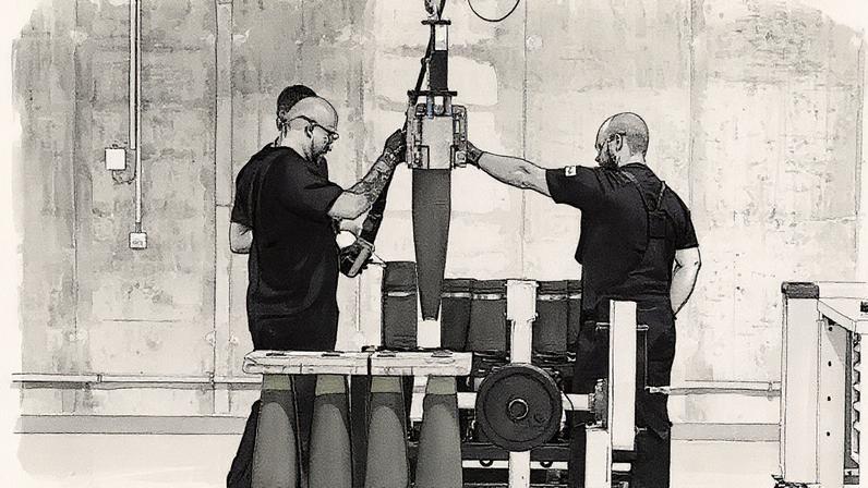 Trabalhadores são vistos na nova fábrica de munições de artilharia da Rheinmetall durante sua inauguração em 27 de agosto de 2025 em Unterluess, Alemanha. A Alemanha está investindo pesadamente para modernizar a Bundeswehr, suas forças armadas. (Foto: Morris Macmatzen | Getty Images News | Getty Images)