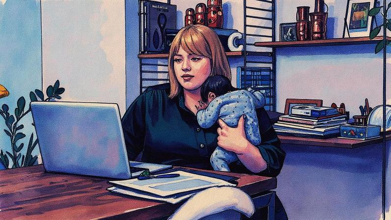 Mulher sentada em uma mesa em frente a um computador com um bebê no colo (Foto: Getty Images)