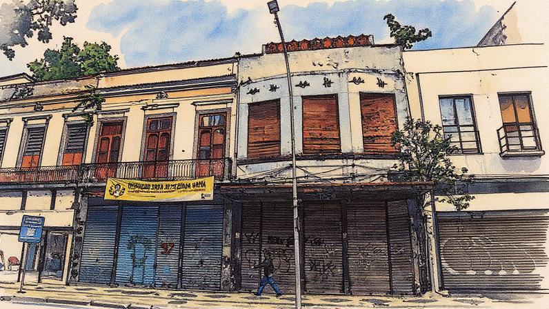 Fachadas dos imóveis onde antes funcionavam a loja de música Guitarra de Prata (à esquerda) e o Bar Luiz, na Rua da Carioca, no Centro do Rio (Foto: Guito Moreto)
