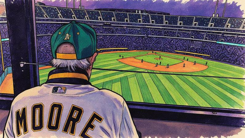 Monte Moore posa para uma foto com uma camisa do A's com seu sobrenome antes de um jogo de beisebol em 2021. (Foto: Reprodução)