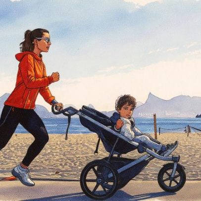 Pais que levam filhos em carrinhos se destacam nas corridas urbanas