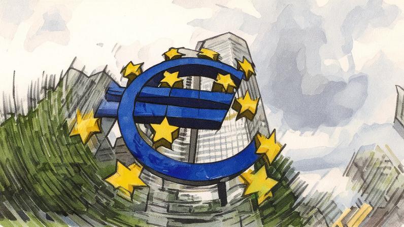 Escultura do euro na sede do BCE em Fráncfort. (Foto: FLORIAN WIEGAND/EFE)