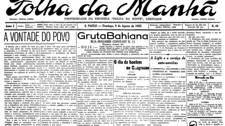 Primeira Página da Folha da Manhã de 9 de agosto de 1925 - Reprodução