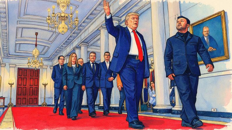 O presidente dos Estados Unidos, Donald Trump, junto ao presidente da Ucrânia, Volodomír Zelenski, seguidos pelos líderes europeus que acudiram à Casa Branca (Foto: AARON SCHWARTZ / POOL - EFE)