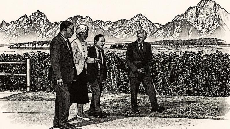 O governador do Banco da Inglaterra, Andrew Bailey, a presidenta do BCE, Christine Lagarde, o governador do Banco do Japão, Kazuo Ueda, e o presidente da Reserva Federal, Jerome Powell, passeiam juntos durante o simposio de Jackson Hole (Wyoming). (Foto: Jim Urquhart/REUTERS)