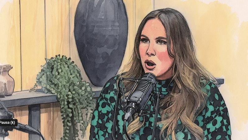 Foto de uma mulher em um ambiente de gravação de podcast, com microfone e equipamentos ao fundo (Foto: Reprodução)