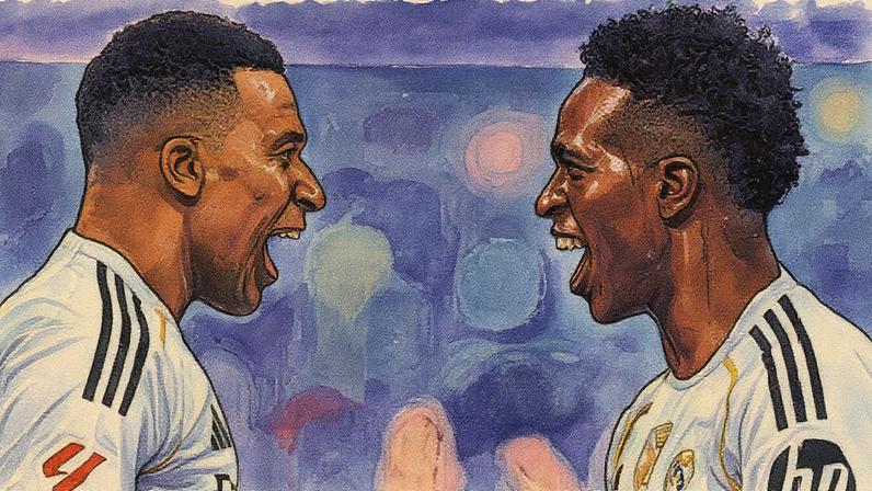 Kylian Mbappé e Vinicius Jr. comemoram um gol do Real Madrid no Estádio Santiago Bernabéu (Foto: Reprodução)