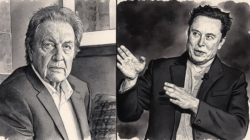 Errol Musk em sua casa em Langebaan, África do Sul, e Elon Musk em uma conferência de imprensa da SpaceX no Texas, EUA (Foto: Reprodução)