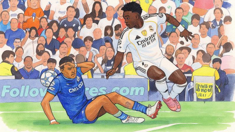 Vinicius Junior entra em campo no segundo tempo durante partida contra o Olympique de Marselha, contribuindo para o pênalti que garantiu a vitória do Real Madrid na Liga dos Campeões (Foto: Reprodução)