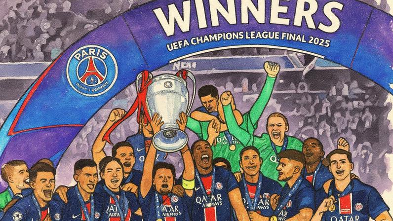 Marquinhos levanta a taça da Champions 2025 como capitão do Paris Saint-Germain na final contra a Inter de Milão (Foto: Reprodução)