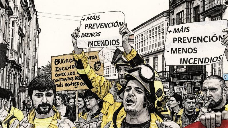 Bombeiros florestais participam de manifestação contra a política de combate a incêndios da Xunta (Foto: Reprodução)