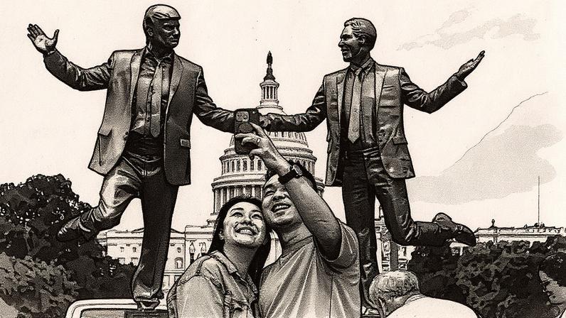 Espectadores tiram fotos de uma escultura que representa Donald Trump e Jeffrey Epstein perto do Capitólio em Washington DC (Foto: Reprodução)