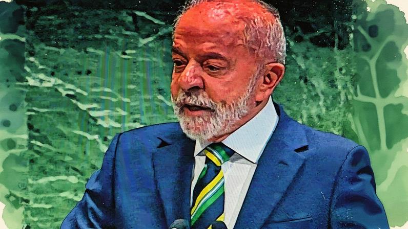 Lula discursa na ONU, com bandeiras ao fundo (Foto: Reprodução)