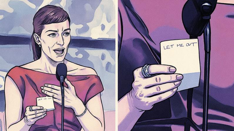 Britt Lower segura um papel durante seu discurso de agradecimento após vencer o troféu de Melhor Atriz em Série Dramática por Ruptura no Emmy de 2025 (Foto: Reprodução)