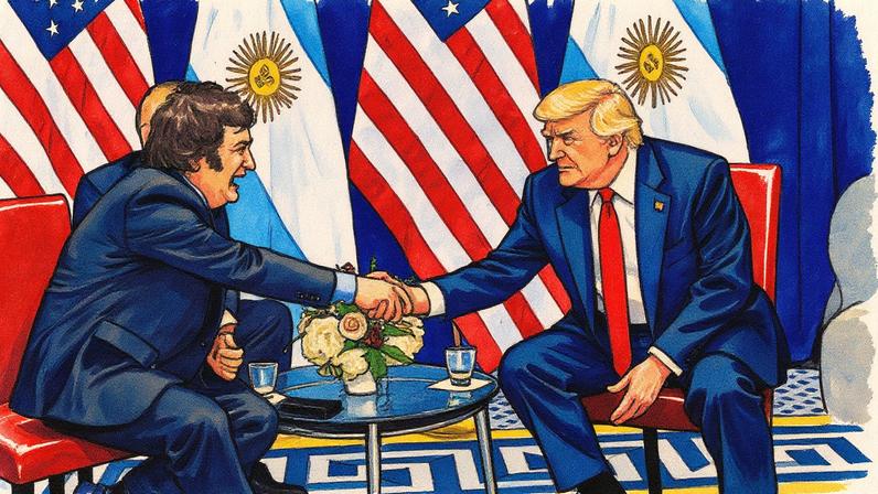 Trump com Milei em um evento em fevereiro de 2025 (Foto: Reprodução)