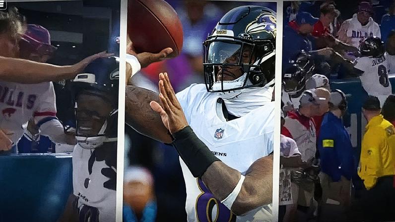 Lamar Jackson empurra um fã durante um jogo em que os Ravens foram derrotados (Foto: Reprodução)