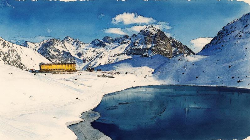 Valle Nevado, no Chile, com montanhas cobertas de neve ao fundo e céu azul (Foto: Reprodução)