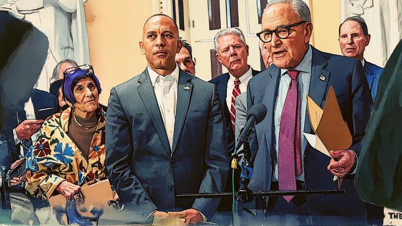 Líderes democratas do Senado e da Câmara falam com a imprensa no Capitólio (Foto: Reprodução)