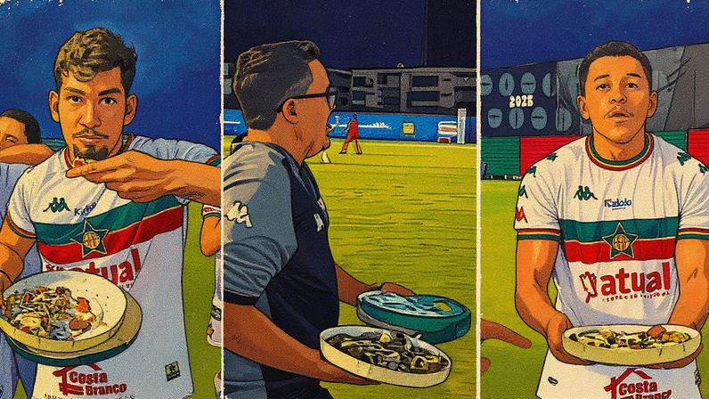 Jogadores da Portuguesa-RJ comem pizza portuguesa após título na Copa Rio (Foto: Reprodução)