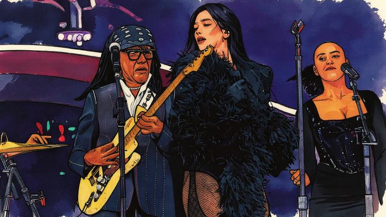 Dua Lipa se apresenta no Madison Square Garden em Nova York, acompanhada por Nile Rodgers, durante a performance de "Le Freak" da banda Chic (Foto: Reprodução)