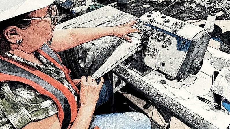 Paraenses costuram mais de 100 mil metros de tecidos para o teto da Blue Zone (Foto: Reprodução)